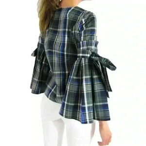 GIANNI BINI Serena Blouse Blue Checkered Bell Sleeves Sz XS NEW